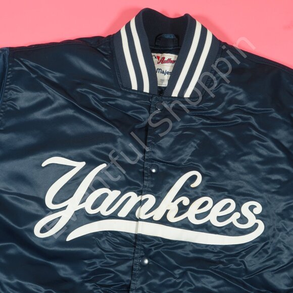 Vintage 1990s Majestic New York Yankees Satin Bomber Jacket in Blue Size…